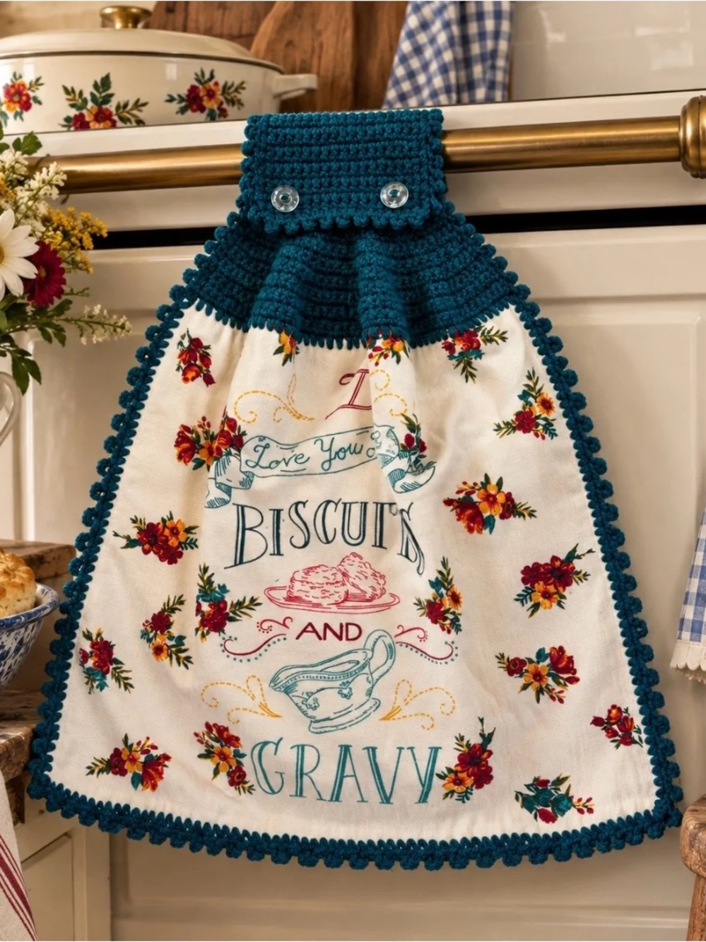 Pioneer Woman Biscuits & Gravy Crochet Hanging Kitchen Towel Teal